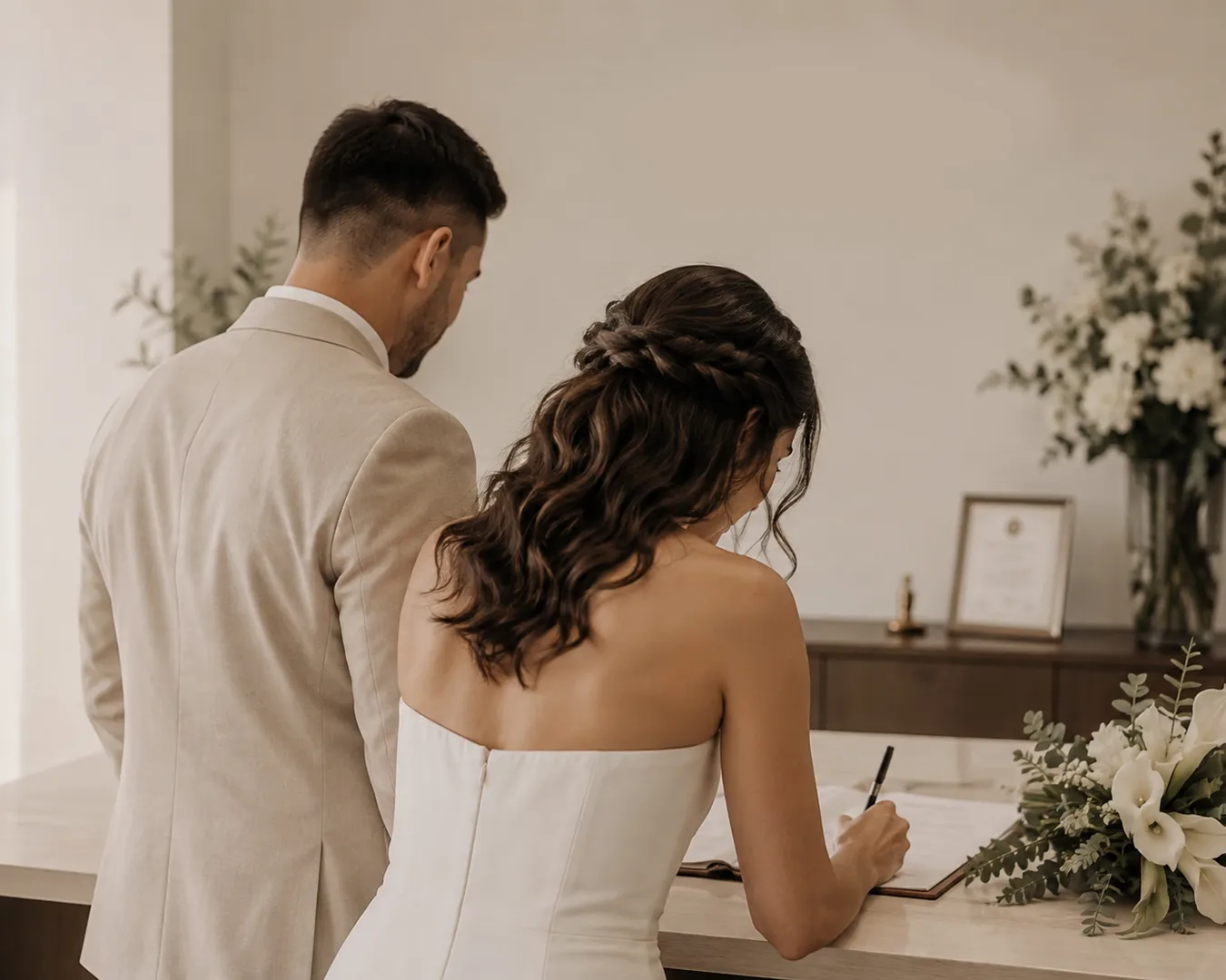 Casal de noivos de costas assinando o livro de casamento sobre um balcão claro, com arranjo de flores brancas ao lado
