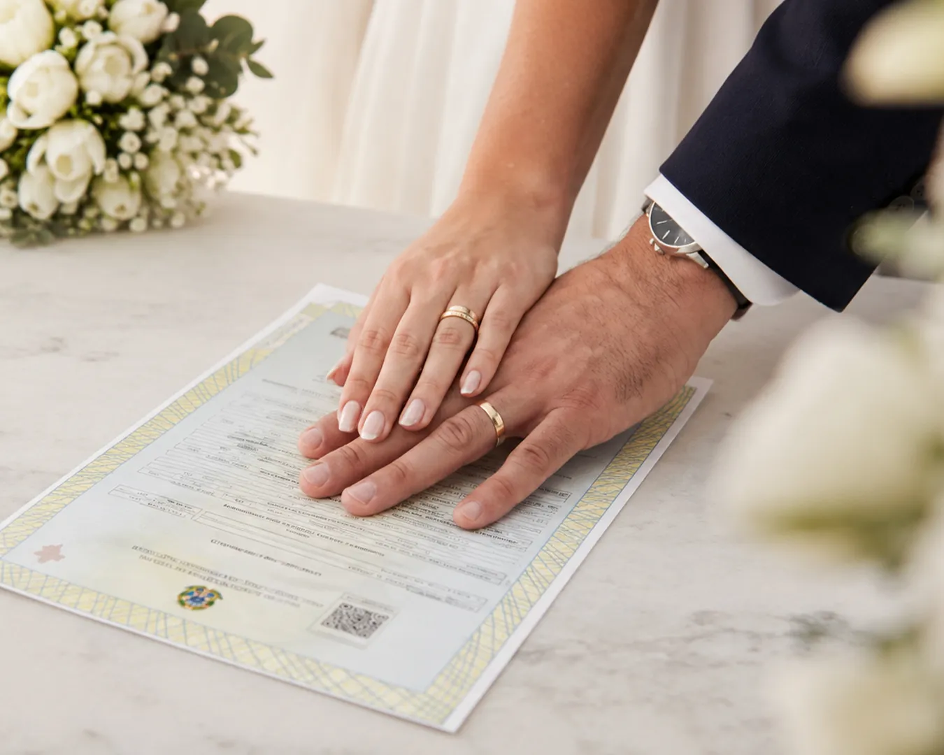 Mãos dos noivos com as alianças, apoiadas sobre a certidão de casamento em uma bancada de mármore
