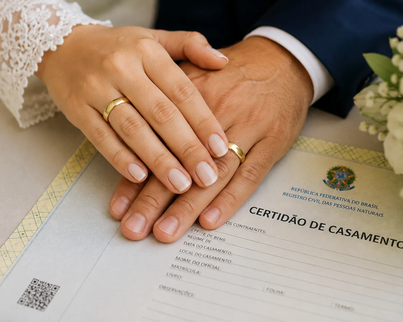Mãos dos noivos com alianças douradas sobre uma Certidão de Casamento